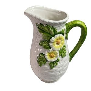 Lefton Pitcher Rustic Daisy Japan Ceramic Flower Basket Weave #4126 Vintage 6.5"